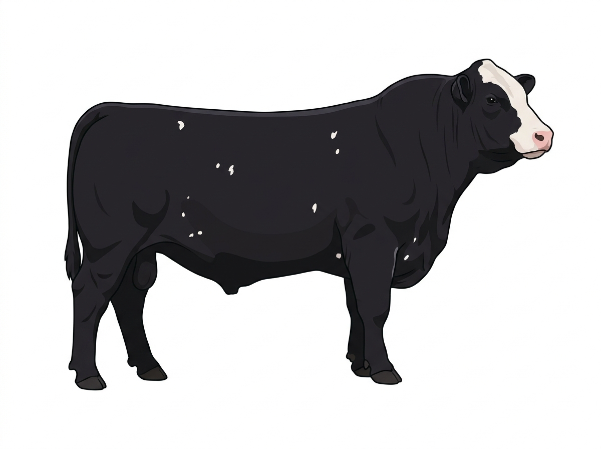 Black with a partial white face and a few white spots Shorthorn Cross Bull