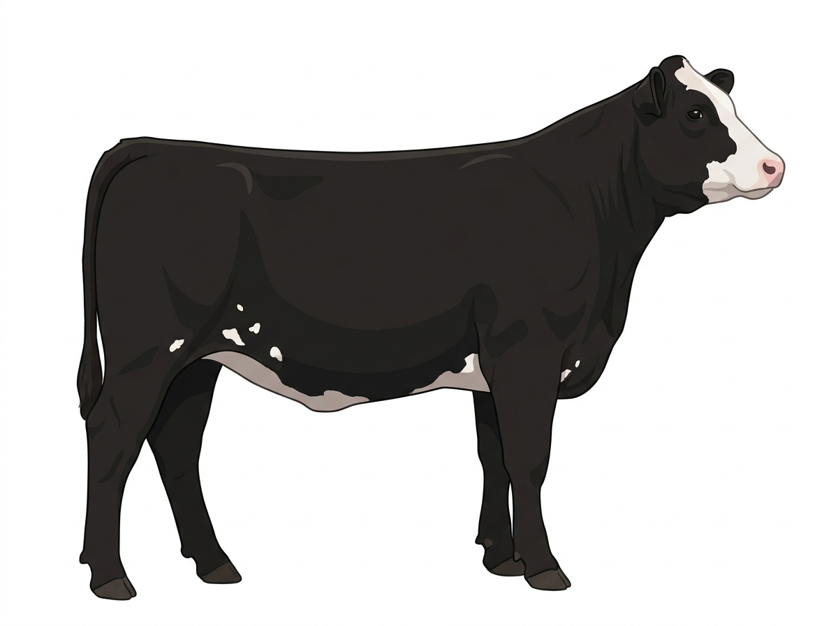Black with a partial white face and a few white spots Shorthorn Cross Heifer