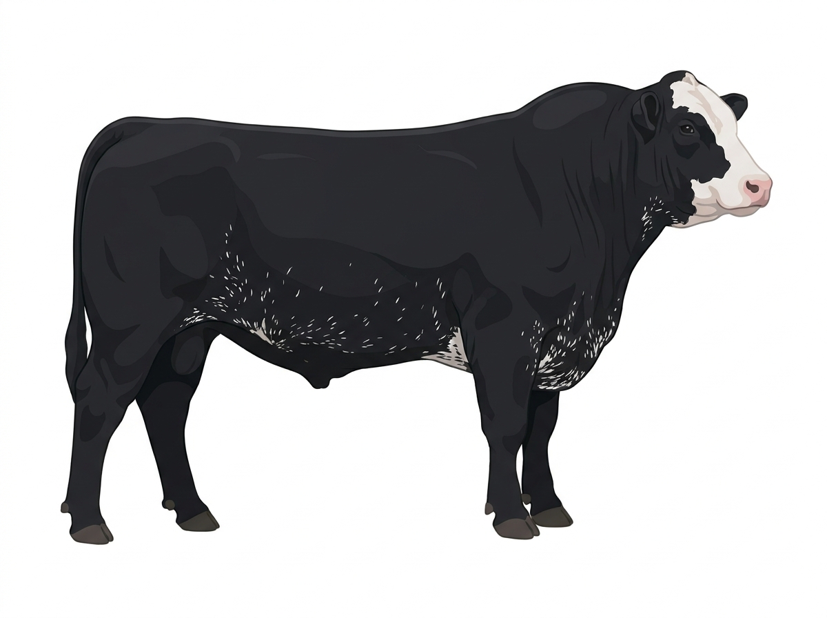 Black with a partial white face and ticking in the white Shorthorn Cross Bull