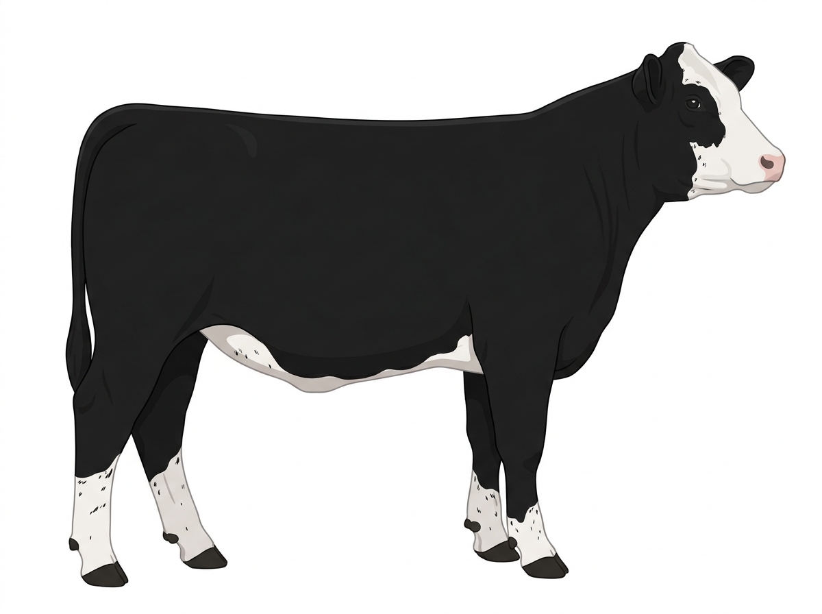 Black with a partial white face and ticking in the white Shorthorn Cross Heifer