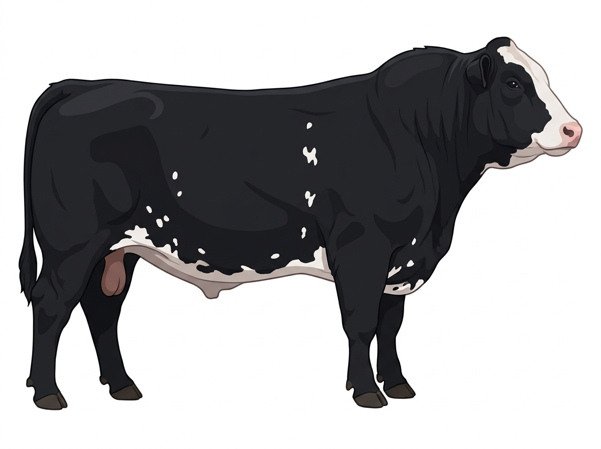Black with a partial white face and white spots Shorthorn Cross Bull