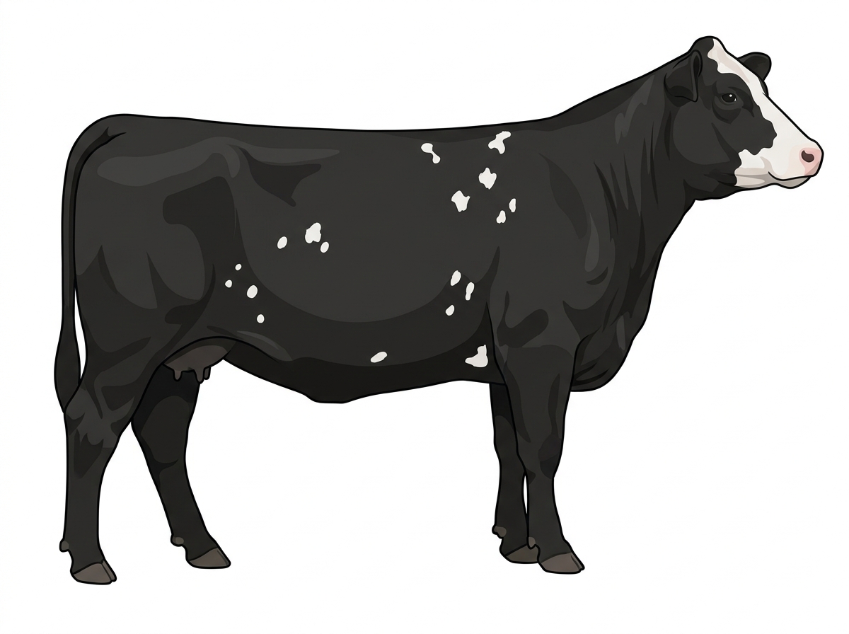 Black with a partial white face and white spots Shorthorn Cross Cow