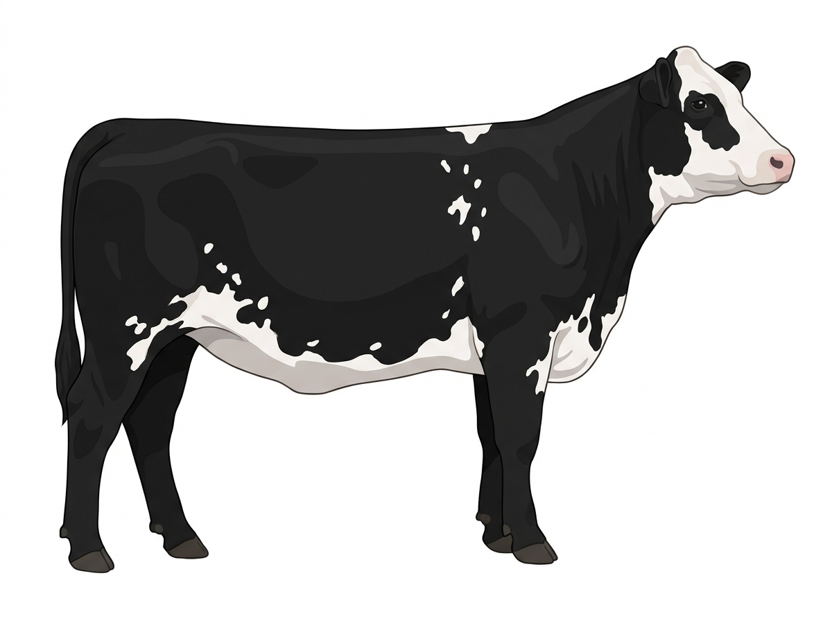 Black with a partial white face and white spots Shorthorn Cross Heifer