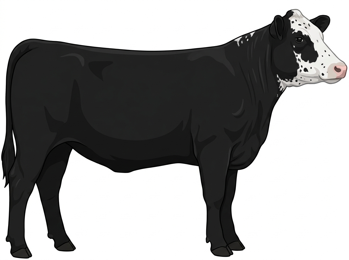 Black with a partial white face, white spots and ticking in the white Shorthorn Cross Heifer
