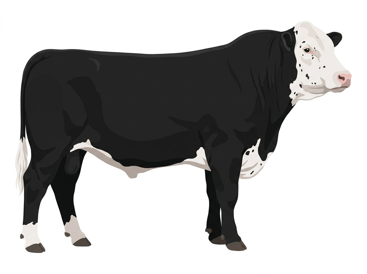 Black with a white face, a few white spots and ticking in the white Shorthorn Cross Bull