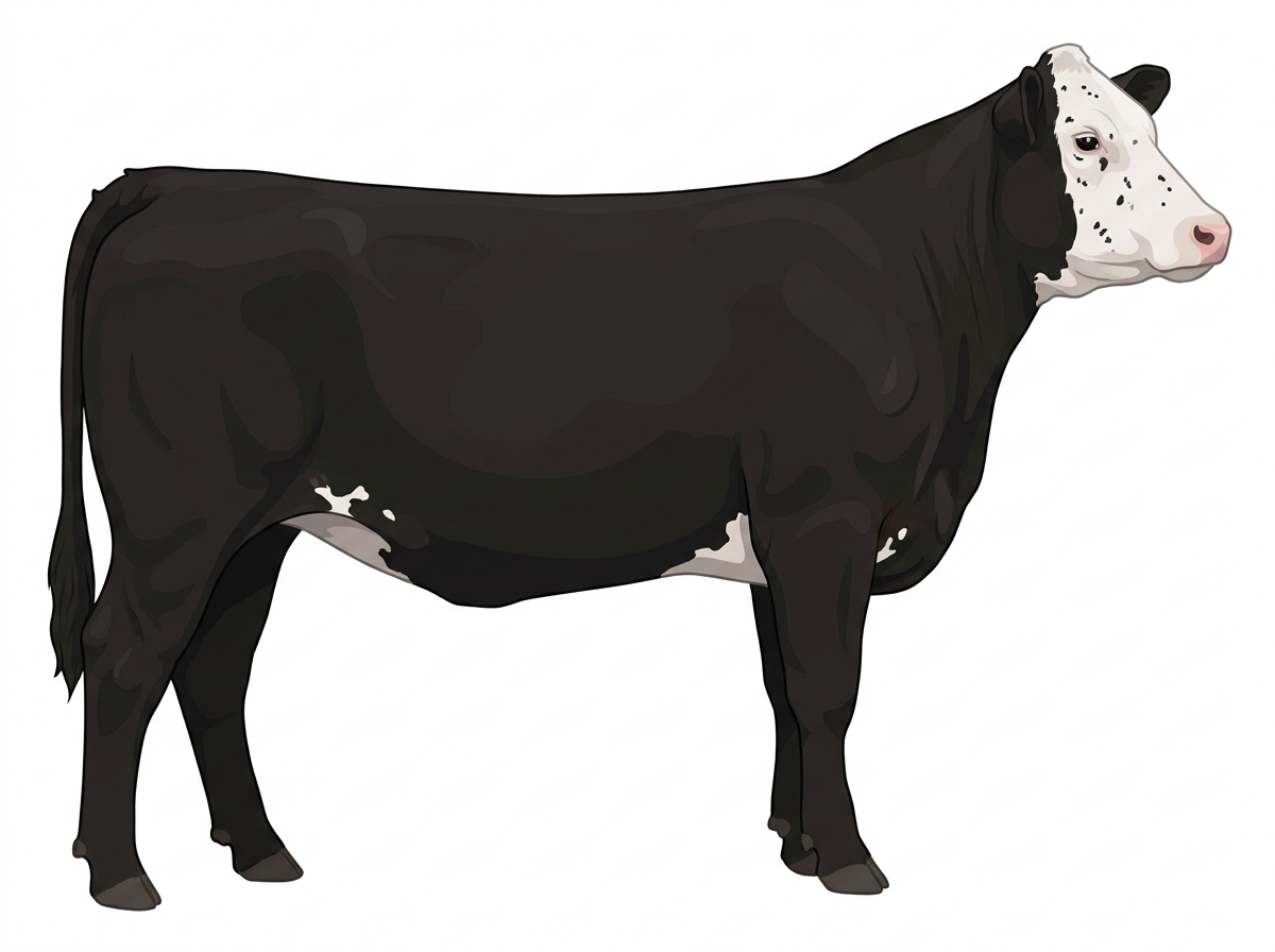 Black with a white face, a few white spots and ticking in the white Shorthorn Cross Heifer