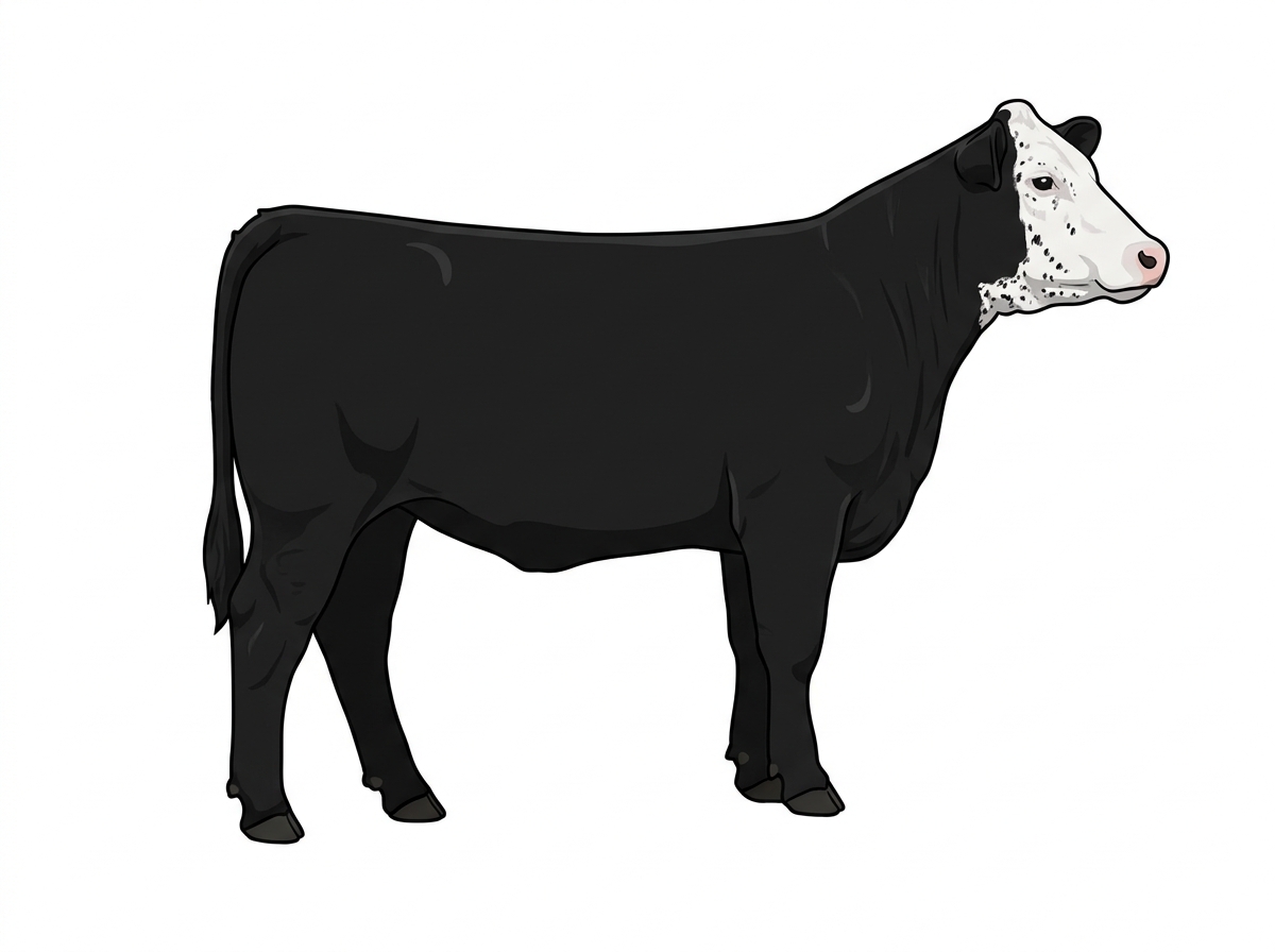 Black with a white face and ticking in the white Shorthorn Cross Heifer