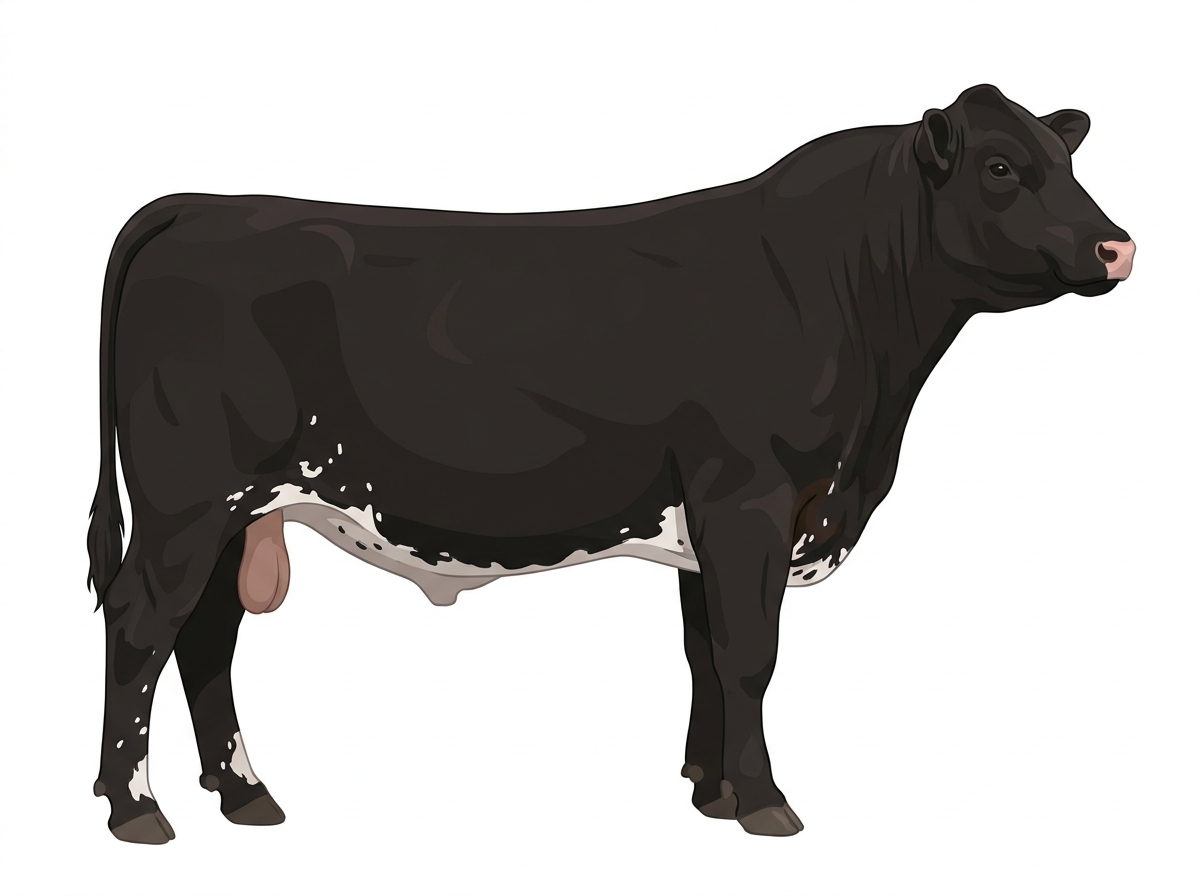 Black with minimal spotting with ticking Shorthorn Cross Bull