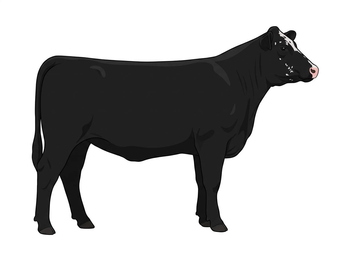 Black with minimal white face markings, a few white spots and ticking in the white Shorthorn Cross Heifer