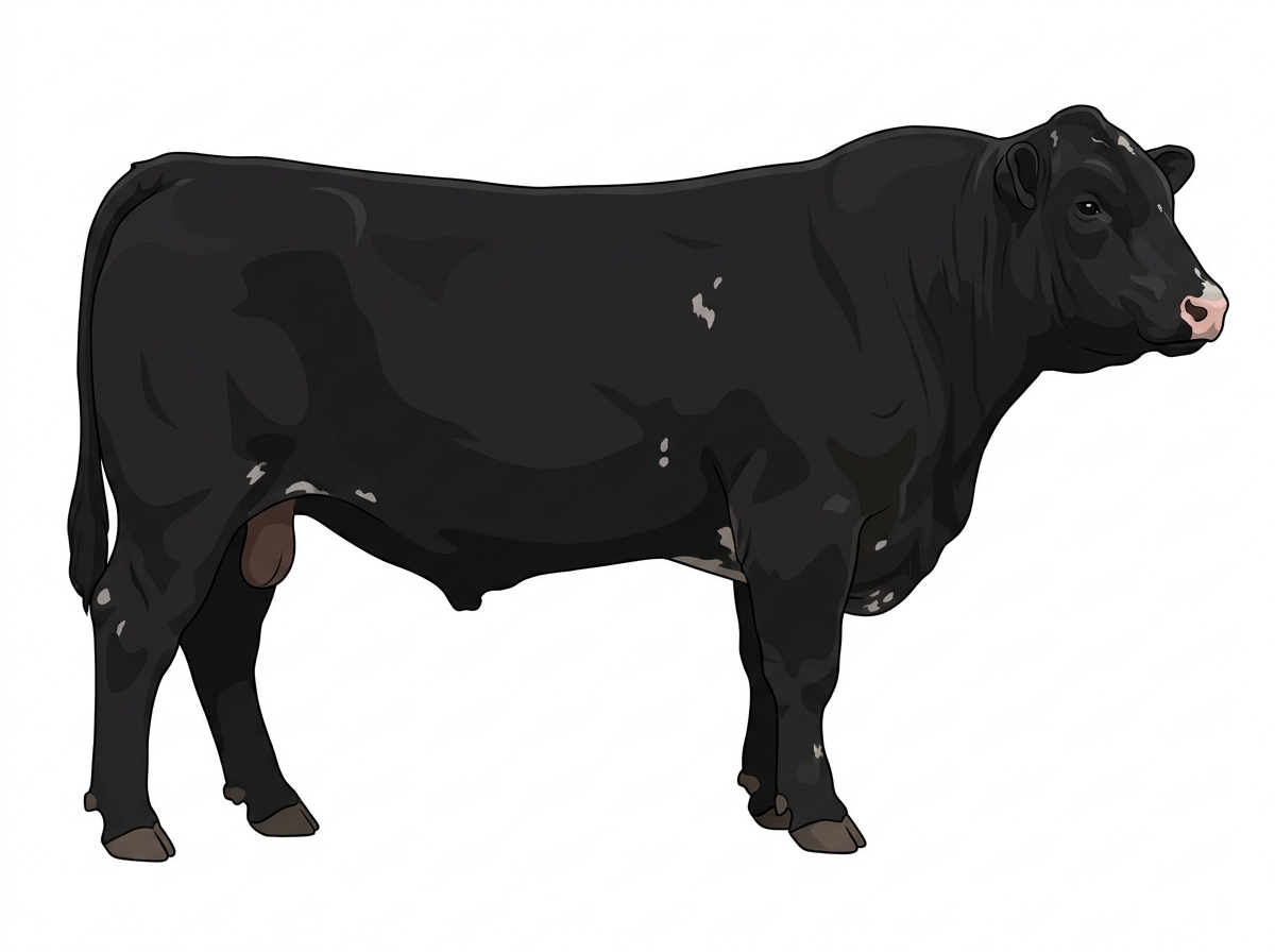 Black with minimal white face markings and a few white spots Shorthorn Cross Bull