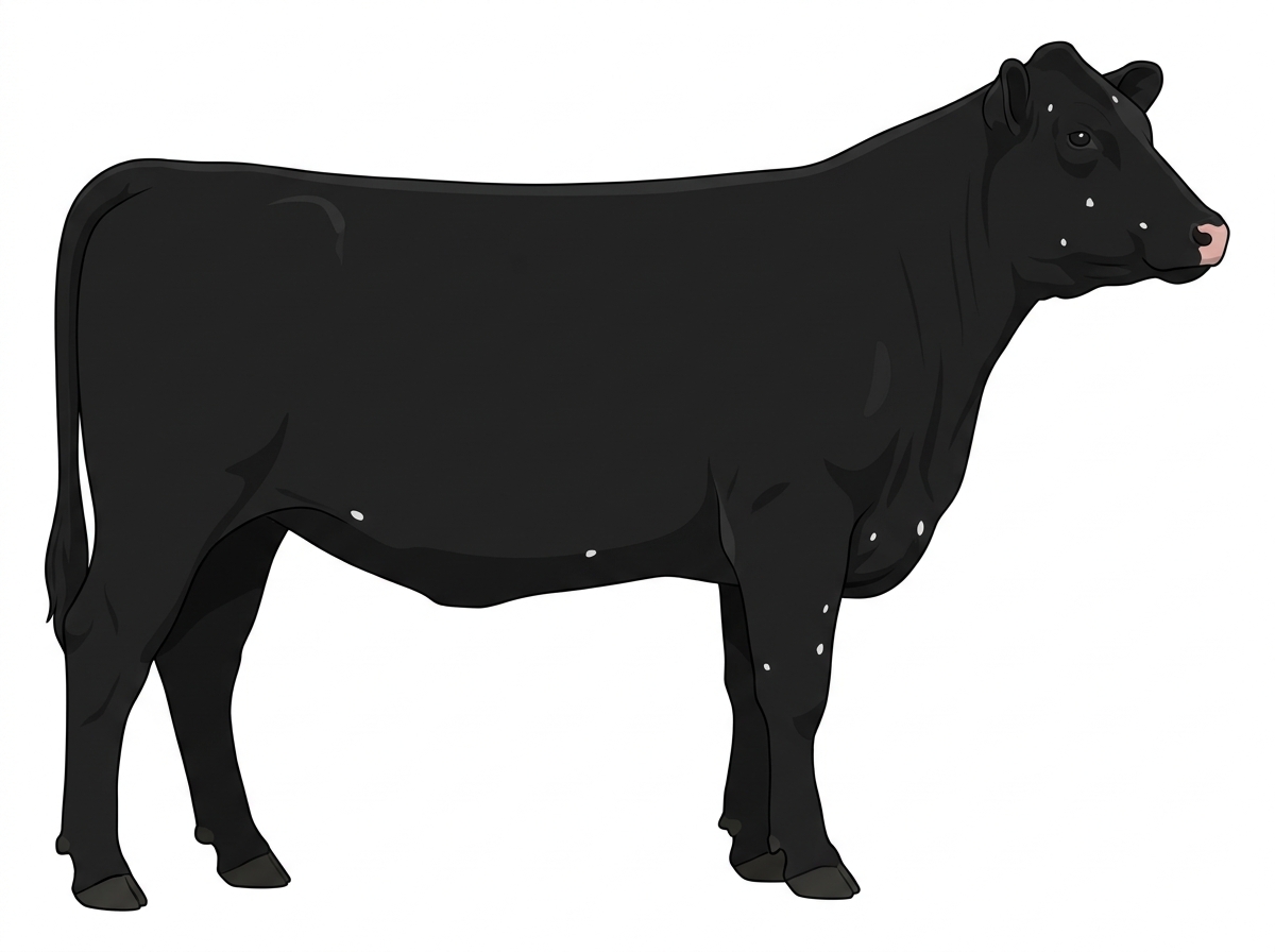 Black with minimal white face markings and a few white spots Shorthorn Cross Heifer