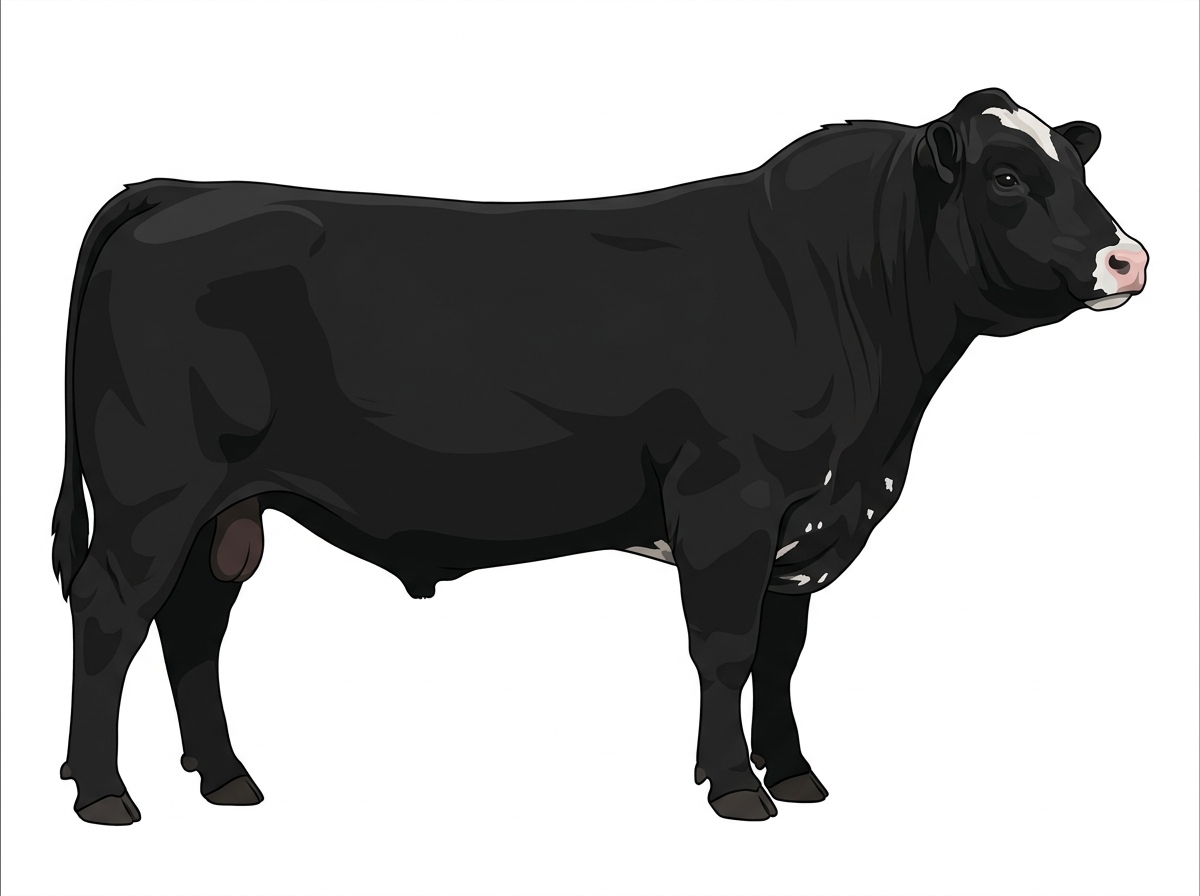 Black with minimal white face markings Shorthorn Cross Bull