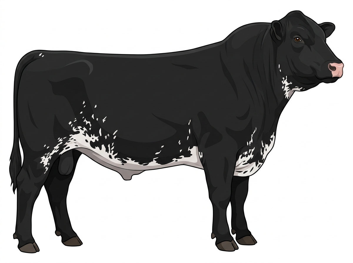Black with ticking in the white Shorthorn Cross Bull