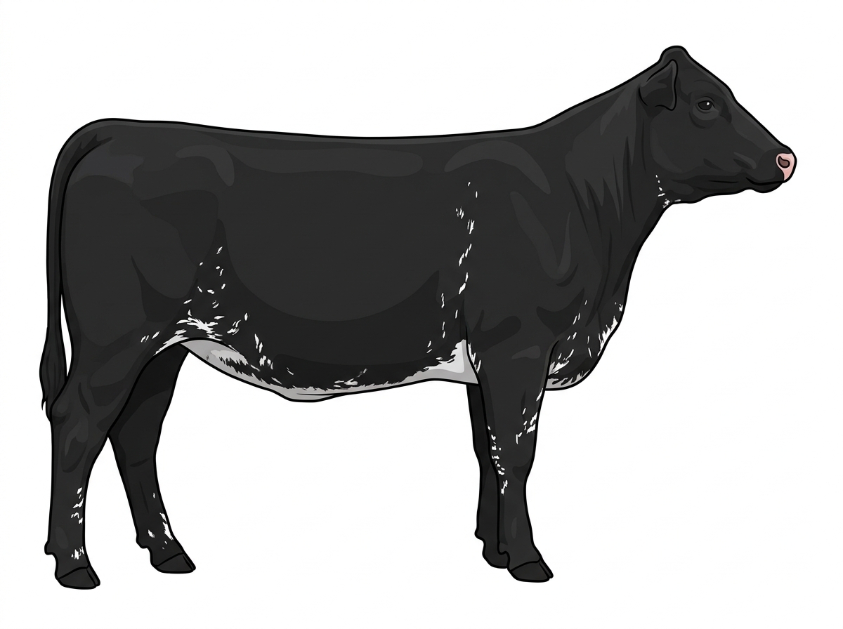 Black with ticking in the white Shorthorn Cross Heifer