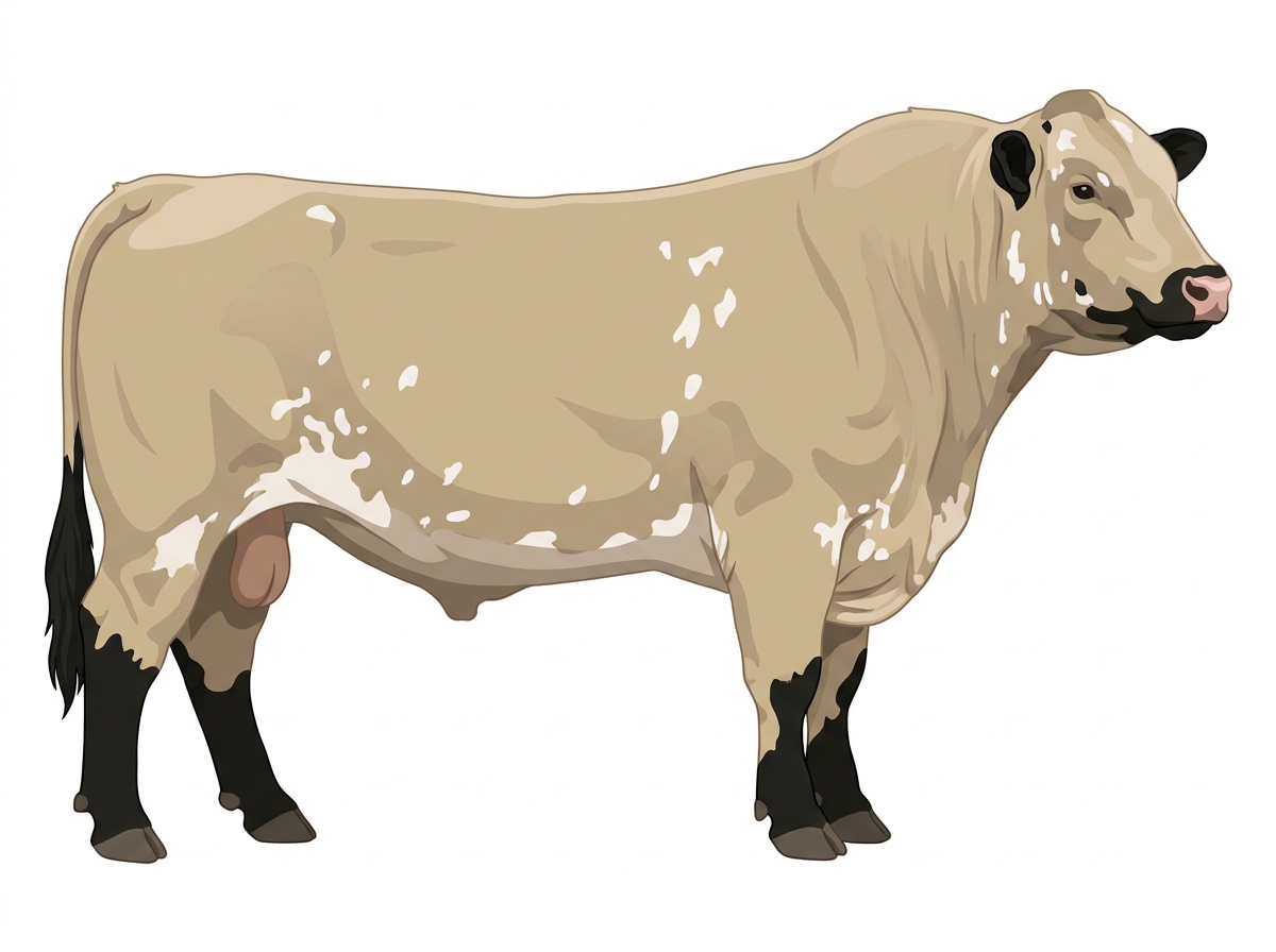 Cream with black points and white spots Shorthorn Cross Bull