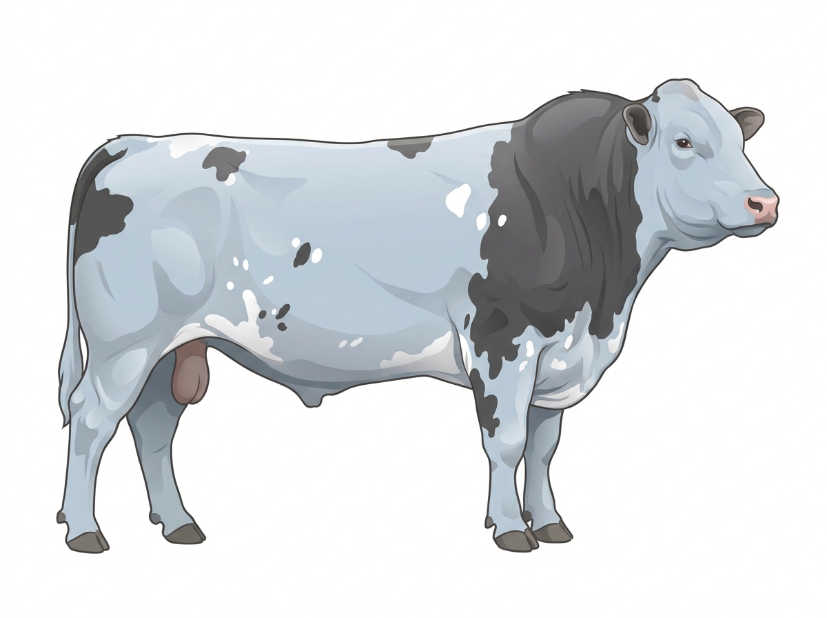 Light blue roan with a few white spots and ticking in the white Shorthorn Cross Bull