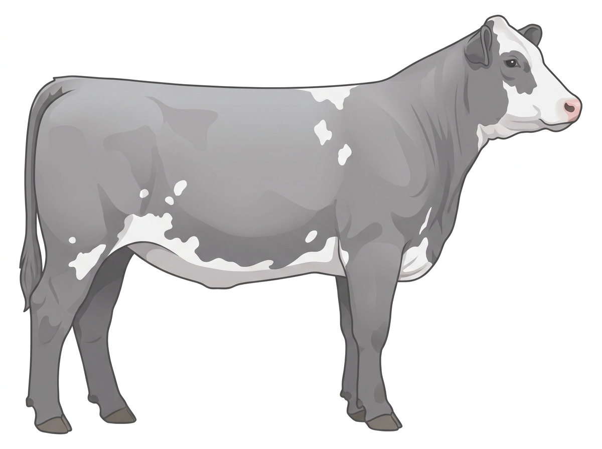 Light blue roan with a partial white face and a few white spots Shorthorn Cross Heifer