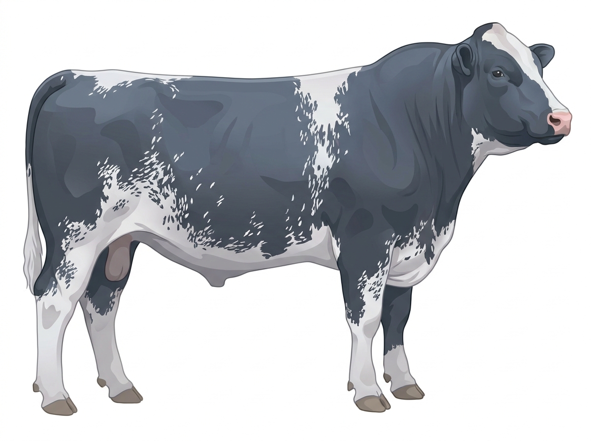 Light blue roan with a partial white face and ticking in the white Shorthorn Cross Bull
