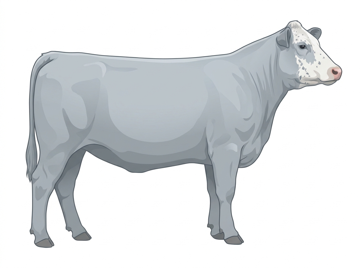 Light blue roan with a partial white face, white spots and ticking in the white Shorthorn Cross Heifer