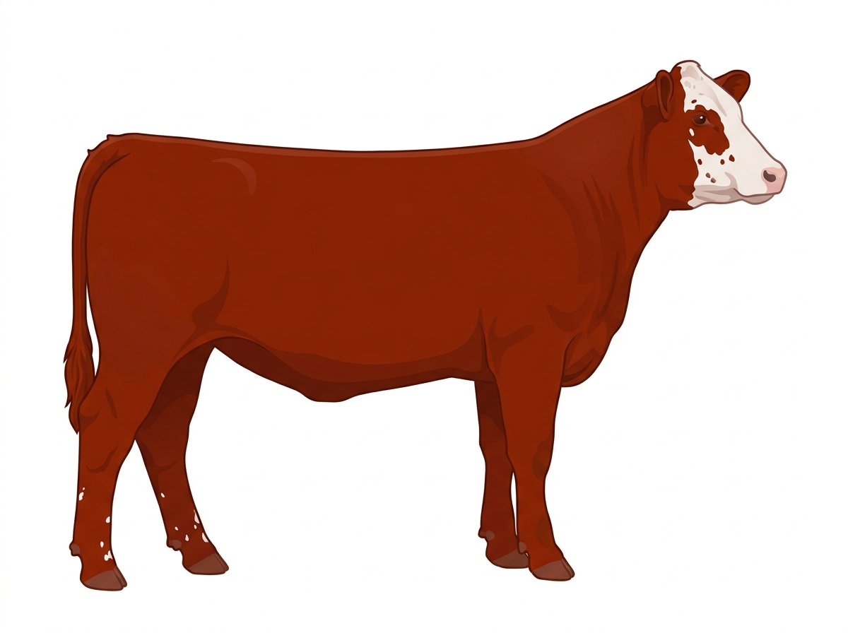 Red with a partial white face, a few white spots and ticking in the white Shorthorn Cross Heifer
