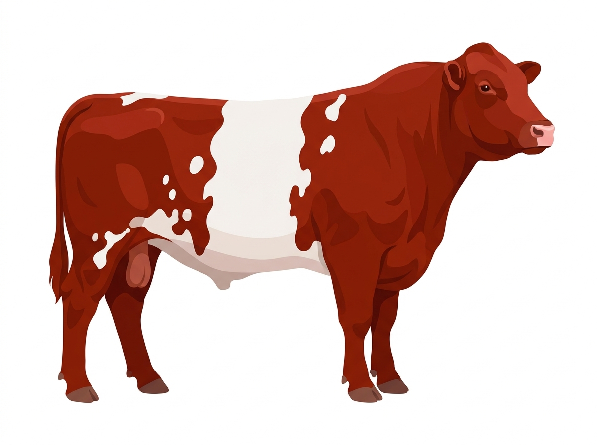 Red with a white belt around the midsection and white spots Shorthorn Cross Bull
