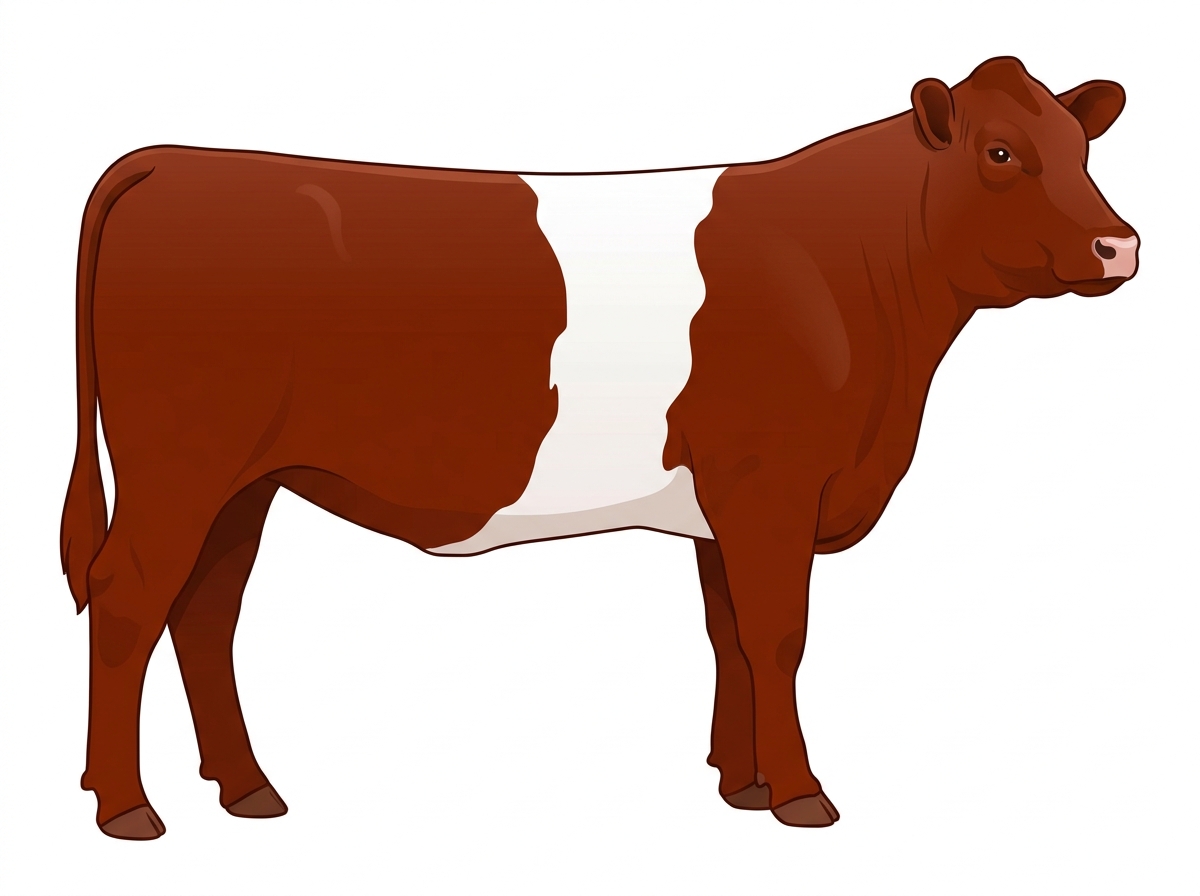 Red with a white belt around the midsection Shorthorn Cross Heifer