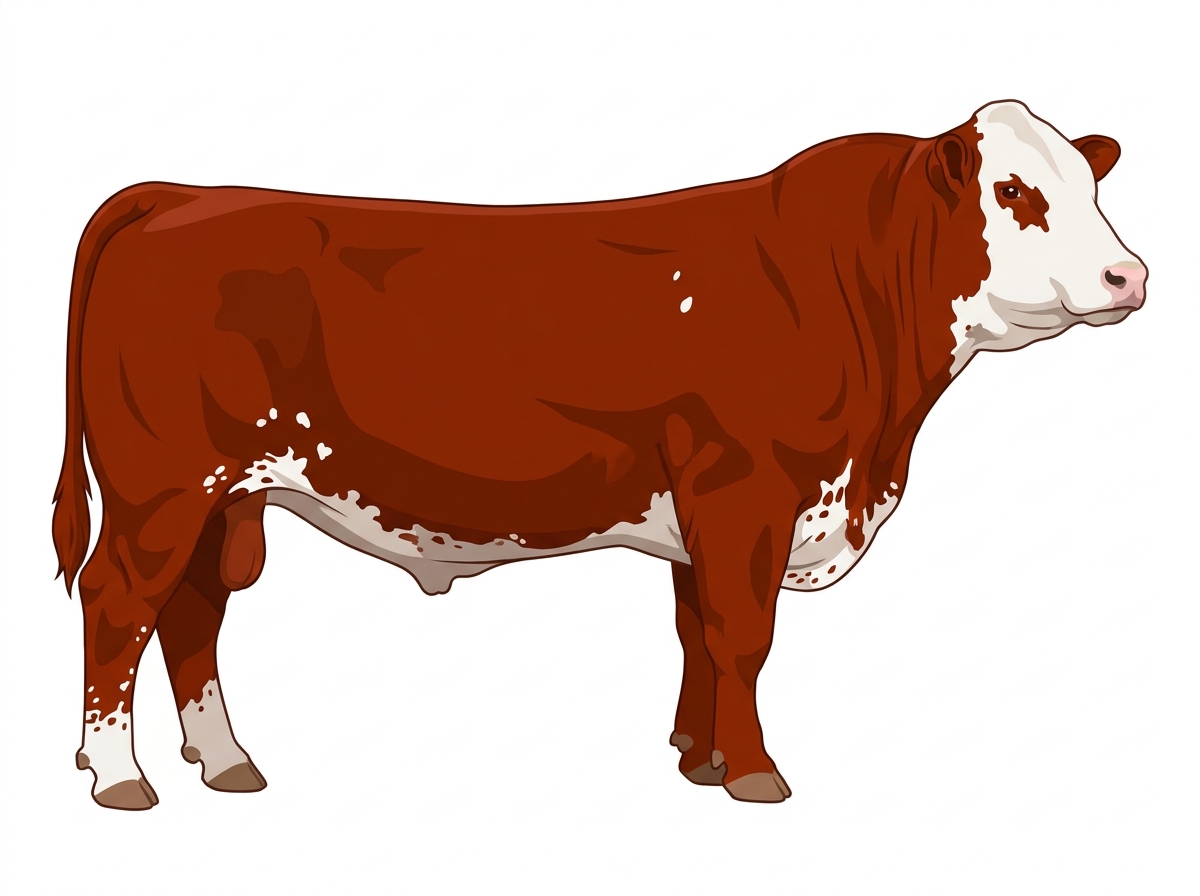 Red with a white face, a few white spots and ticking in the white Shorthorn Cross Bull