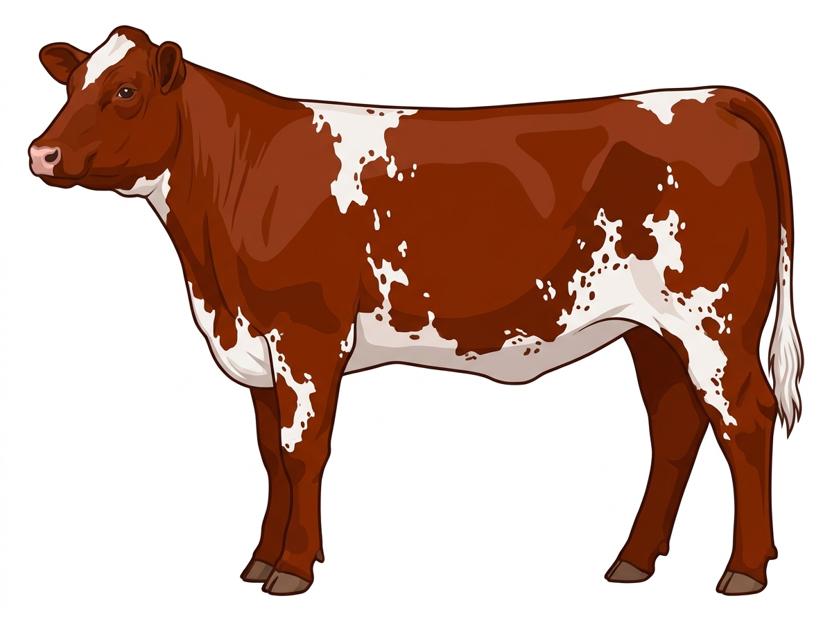Red with white spots and ticking in the white Shorthorn Cross Heifer