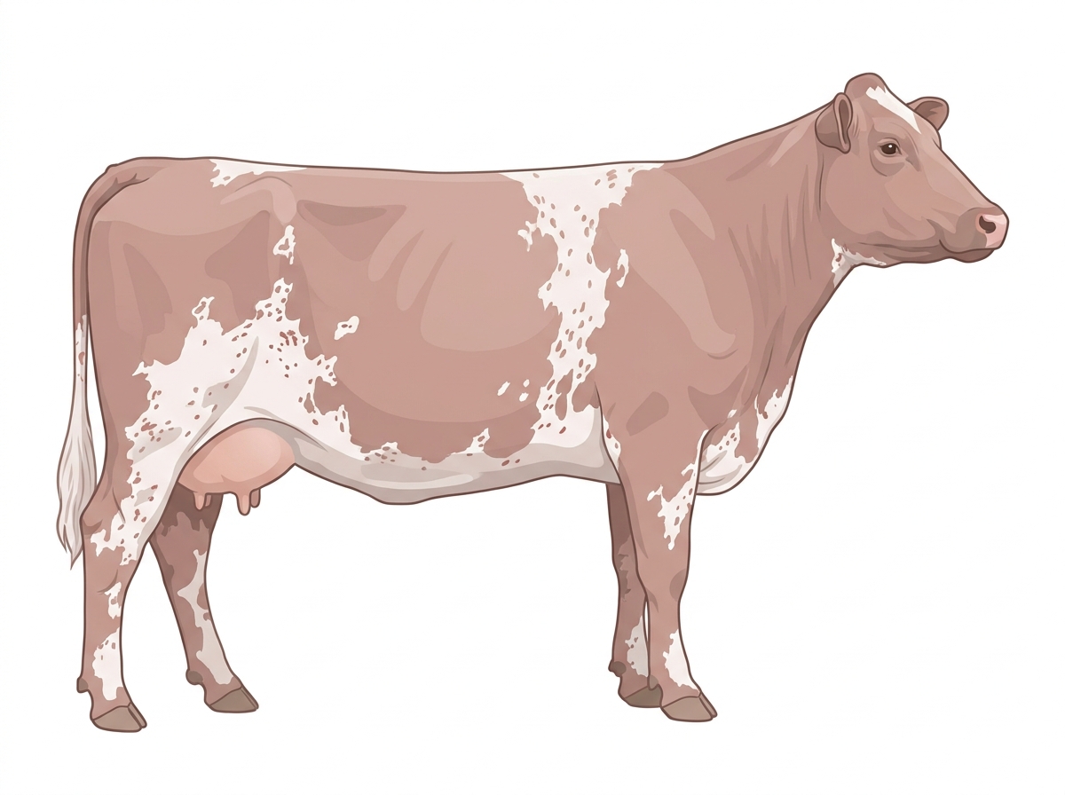 Heavy red roan with a few white spots and ticking in the white Shorthorn Cow
