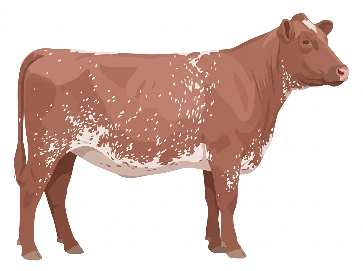 Heavy red roan with a few white spots and ticking in the white Shorthorn Heifer