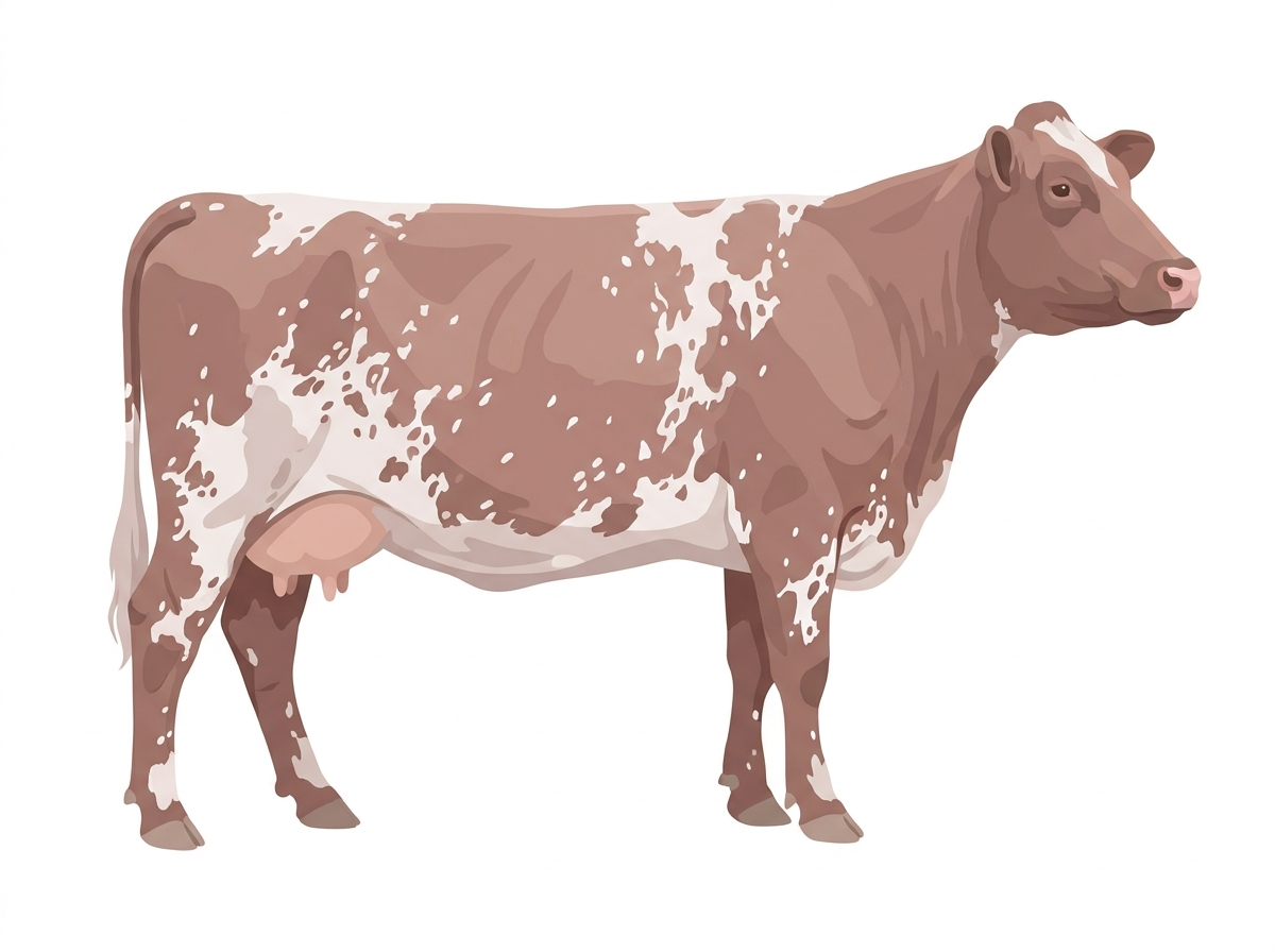 Heavy red roan with white spots and ticking in the white Shorthorn Cow
