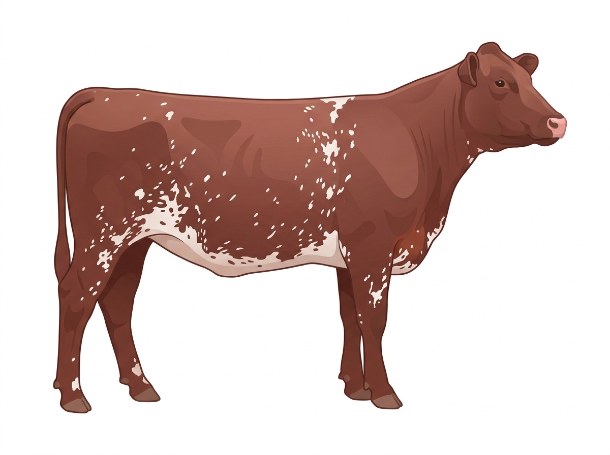 Heavy red roan with white spots and ticking in the white Shorthorn Heifer