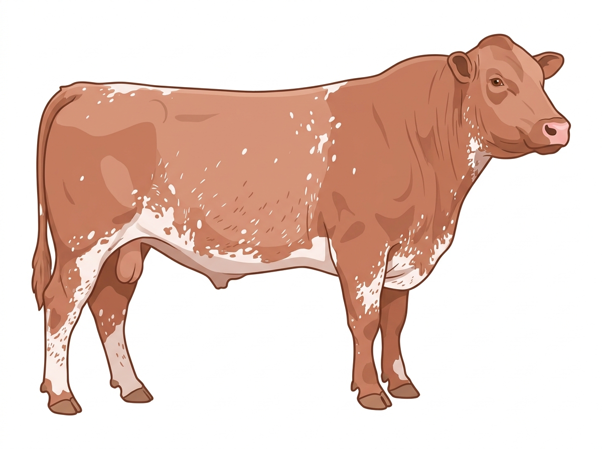 Light red roan with a few white spots and ticking in the white Shorthorn Bull
