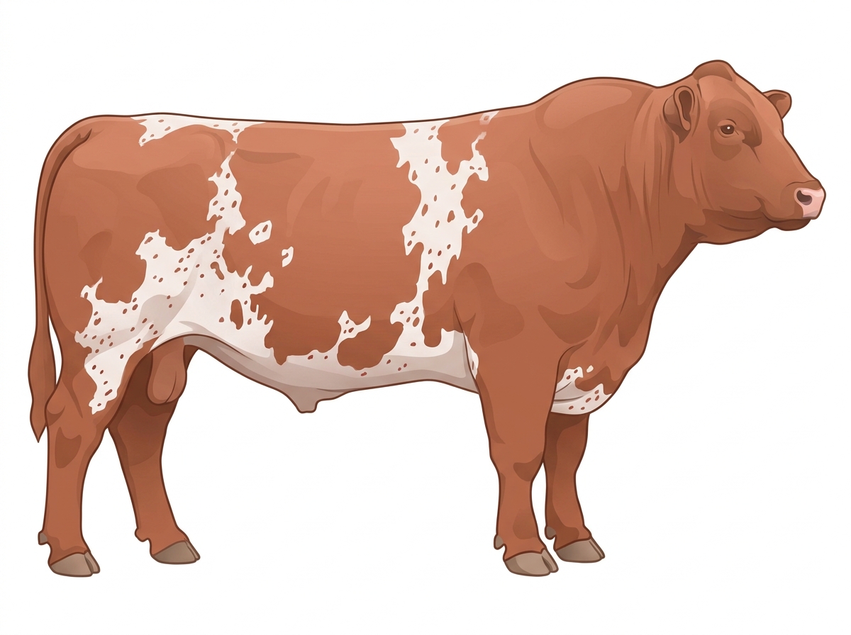 Light red roan with white in large patches and ticking in the white Shorthorn Bull