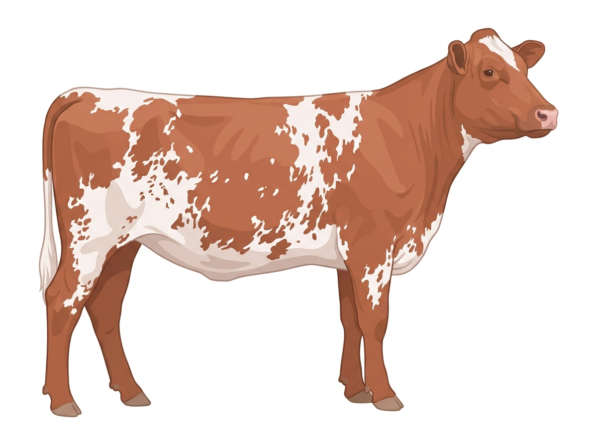 Light red roan with white in large patches and ticking in the white Shorthorn Heifer