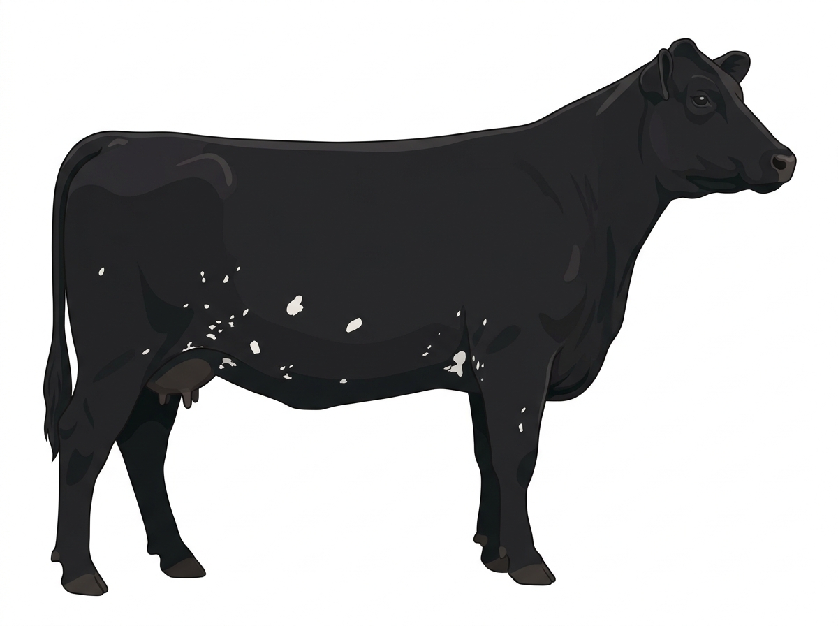 Black with a few white spots and ticking in the white Shorthorn Plus Cow