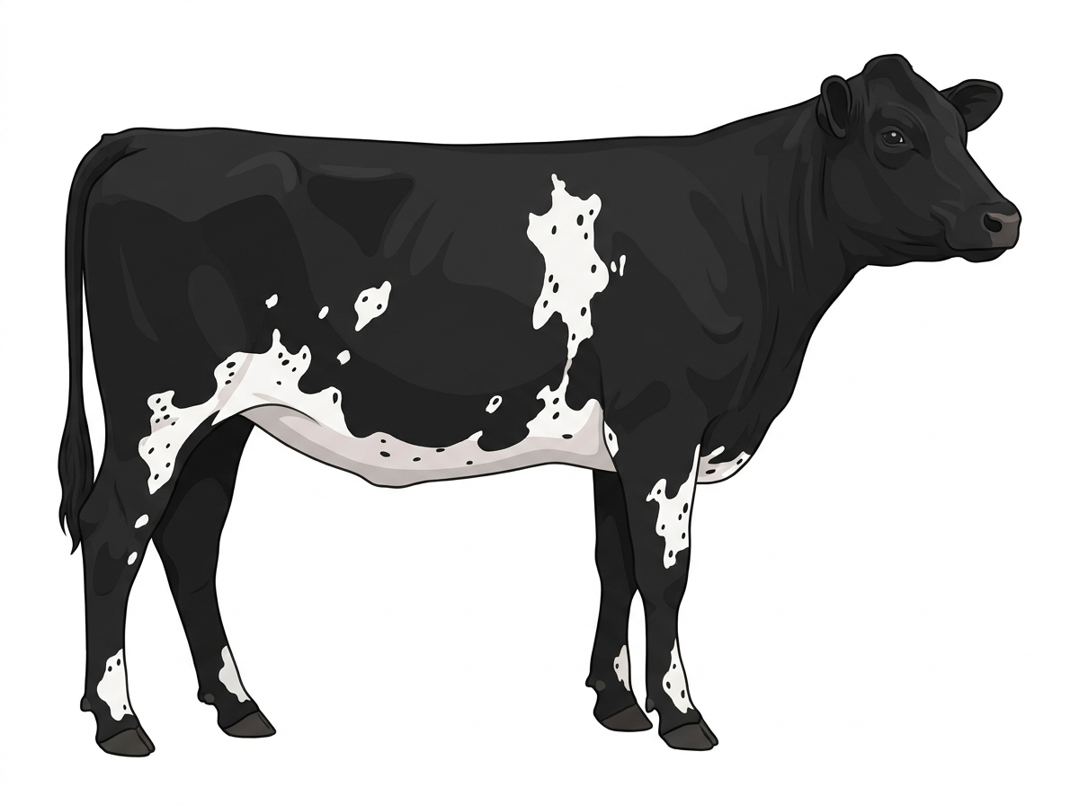 Black with a few white spots and ticking in the white Shorthorn Plus Heifer