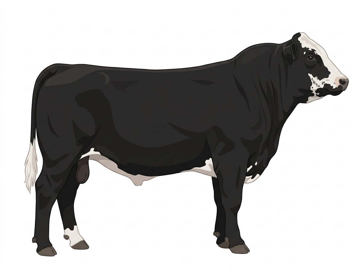 Black with a partial white face, a few white spots and ticking in the white Shorthorn Plus Bull