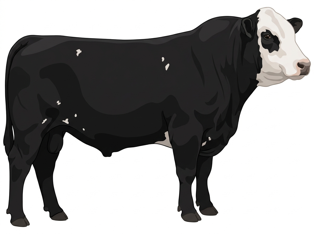 Black with a partial white face and a few white spots Shorthorn Plus Bull