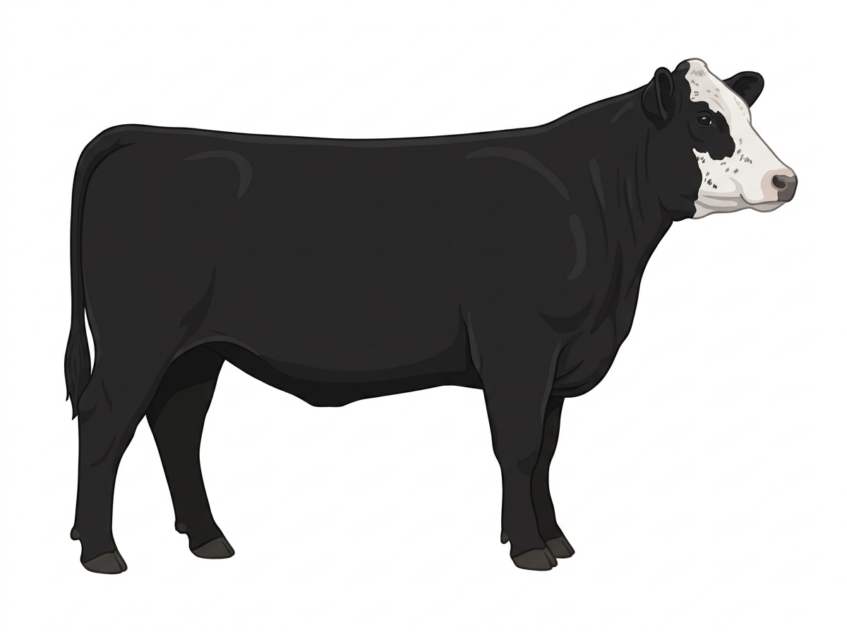 Black with a partial white face and ticking in the white Shorthorn Plus Heifer