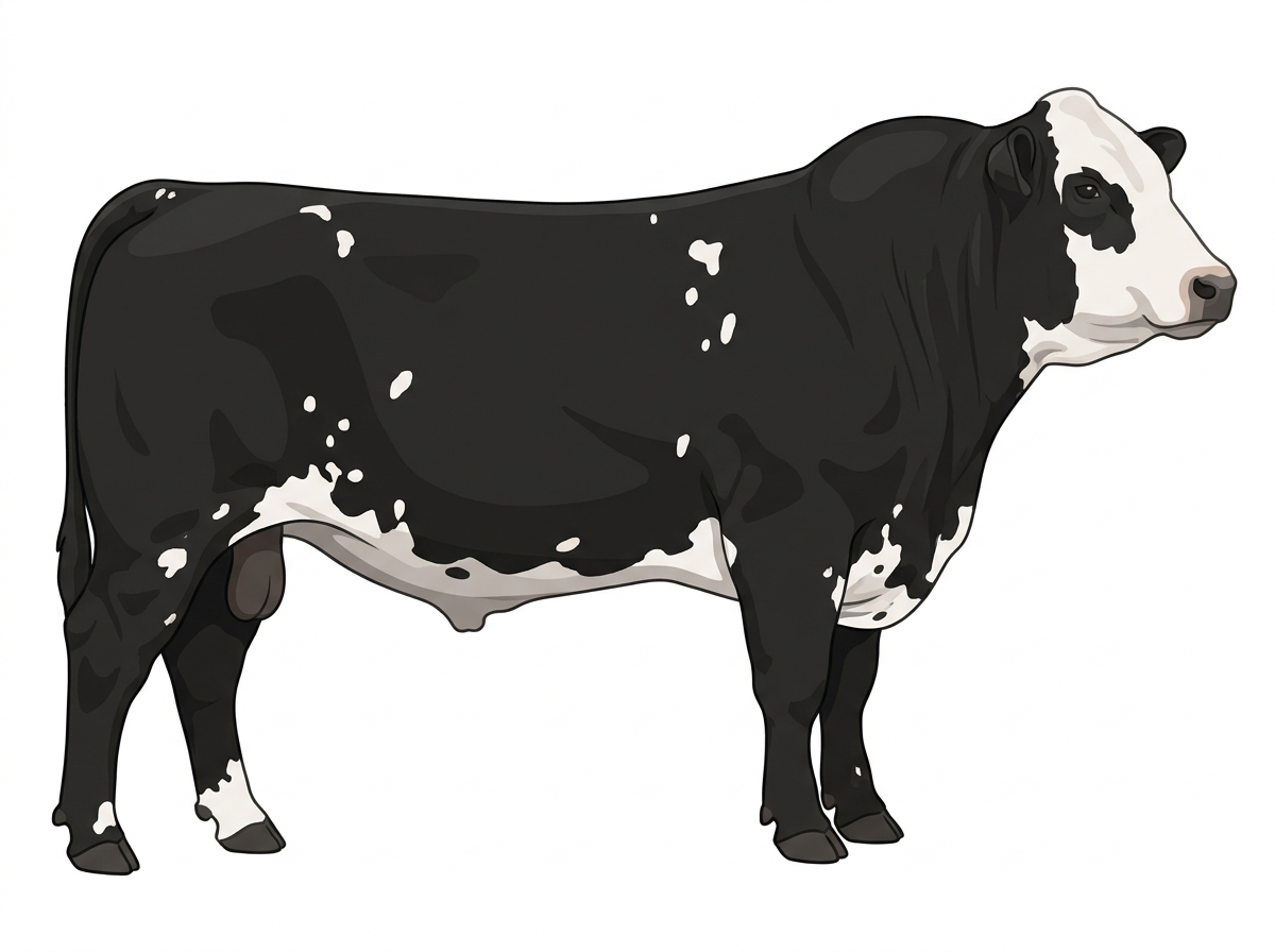 Black with a partial white face and white spots Shorthorn Plus Bull