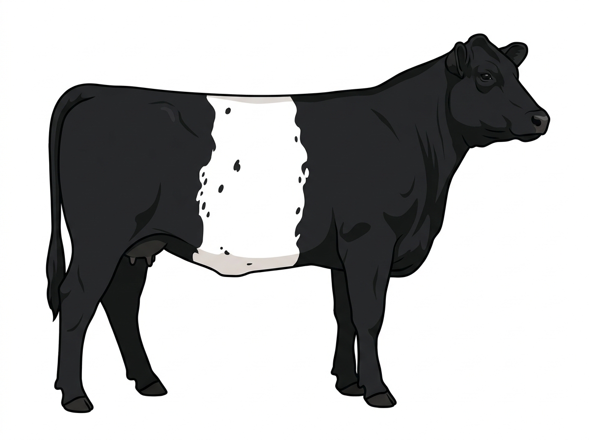 Black with a white belt around the midsection, a few white spots and ticking in the white Shorthorn Plus Cow