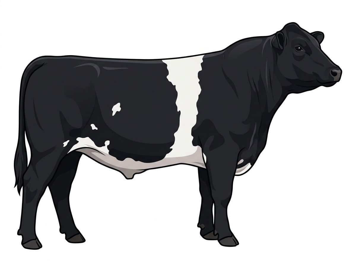 Black with a white belt around the midsection and a few white spots Shorthorn Plus Bull
