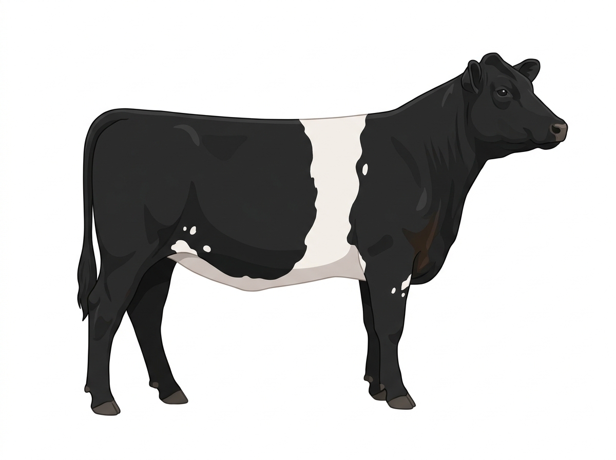 Black with a white belt around the midsection and a few white spots Shorthorn Plus Heifer