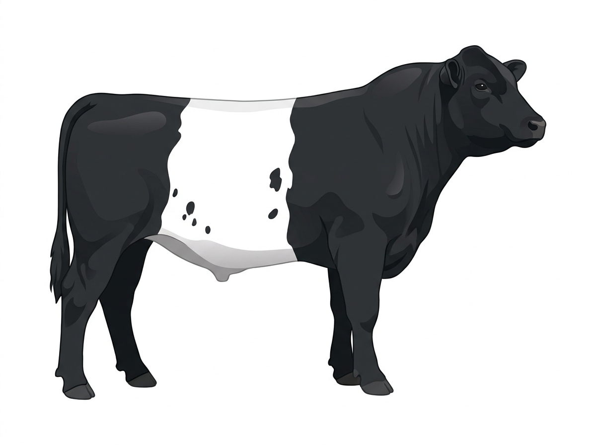Black with a white belt around the midsection and ticking in the white Shorthorn Plus Bull