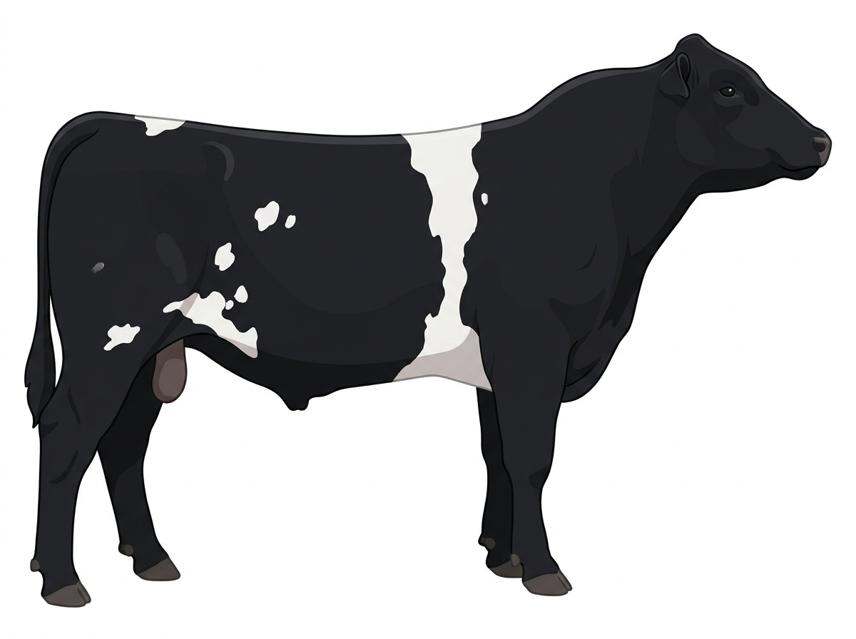 Black with a white belt around the midsection and white spots Shorthorn Plus Bull