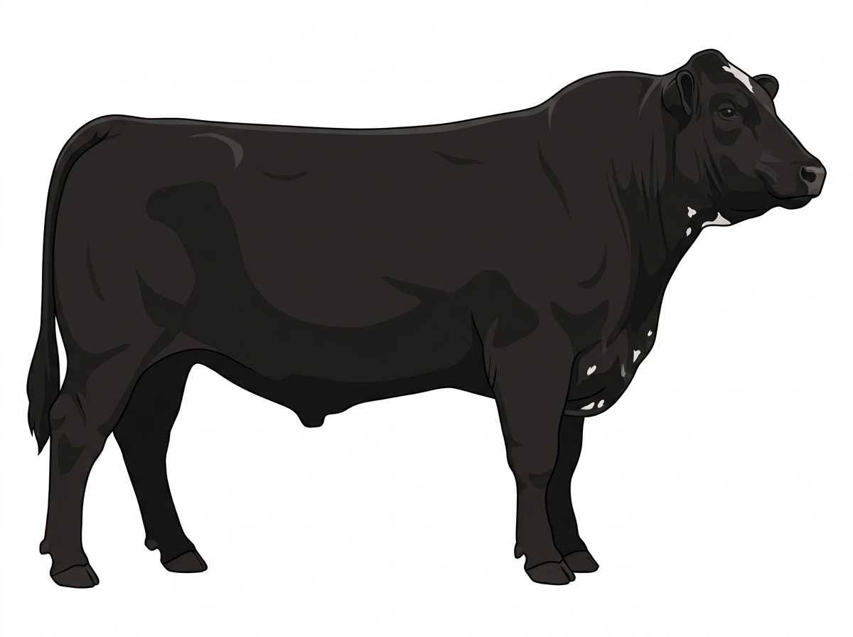 Black with minimal white face markings and a few white spots Shorthorn Plus Bull
