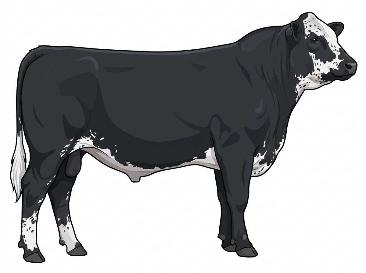 Black with ticking in the white Shorthorn Plus Bull