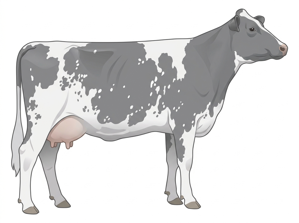 Blue roan with a few white spots and ticking in the white Shorthorn Plus Cow