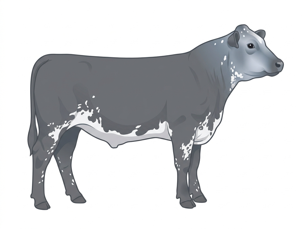 Blue roan with a few white spots and ticking in the white Shorthorn Plus Steer